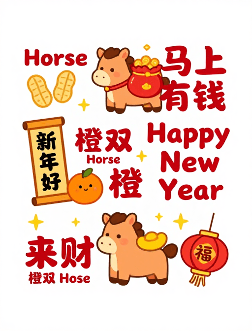 金币财富素材：喜庆新年卡通插画：马与金币传递财富祝福