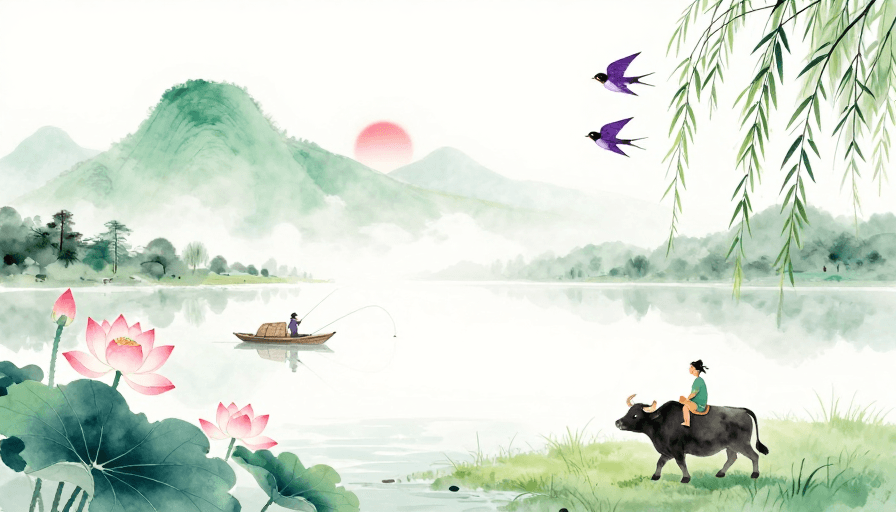 艺术插画素材：水墨淡彩山水意境图：清雅留白，诗意田园风光