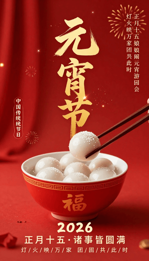 中国红素材：元宵佳节·团圆盛宴｜鎏金书法与瓷碗汤圆