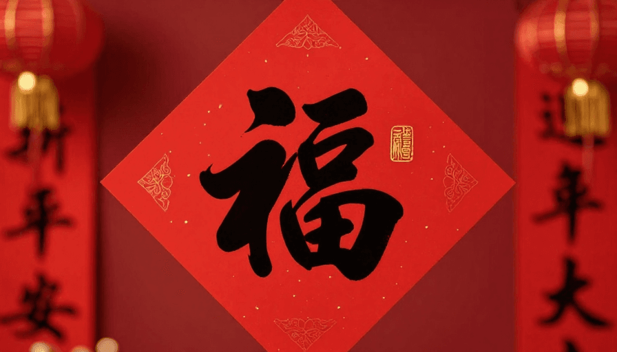 福字文化素材：浓墨书法‘福’字，红色春节背景，喜庆传统风格