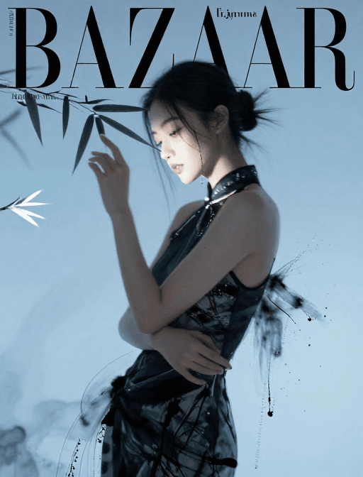 商业插画素材：新中式清冷风：BAZZAR杂志封面水墨人像