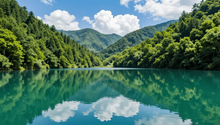 绿色生态素材：碧绿湖泊映蓝天 山林静谧光影柔和