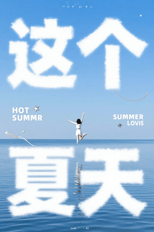 动态姿态素材：夏日清新：云朵文字与少女的梦幻瞬间