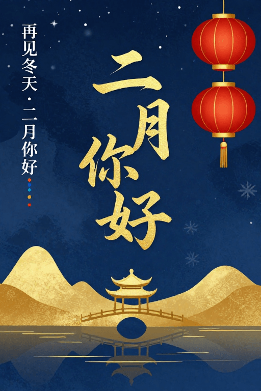 文化元素素材：新中式二月祝福：金墨山水与冬春交替的视觉诗篇