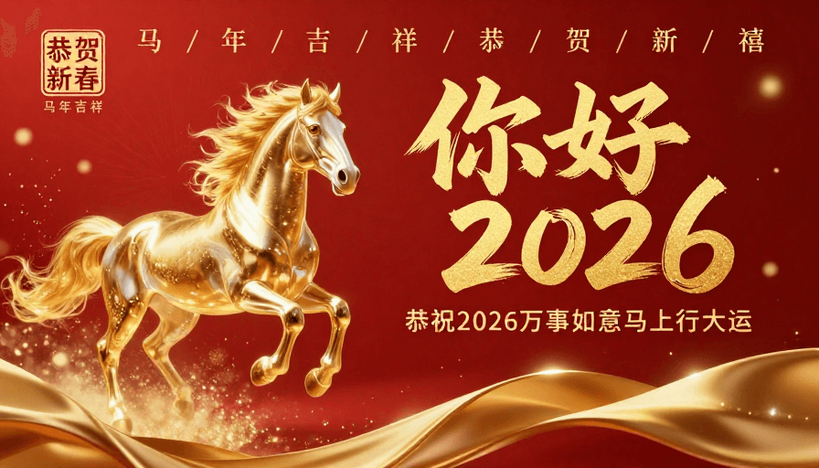 新年祝福素材：金马奔腾迎2026 新春祝福闪耀金光