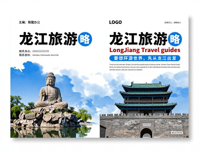 龙江旅游素材：龙江文旅双页海报：蓝白现代与传统融合的旅游攻略