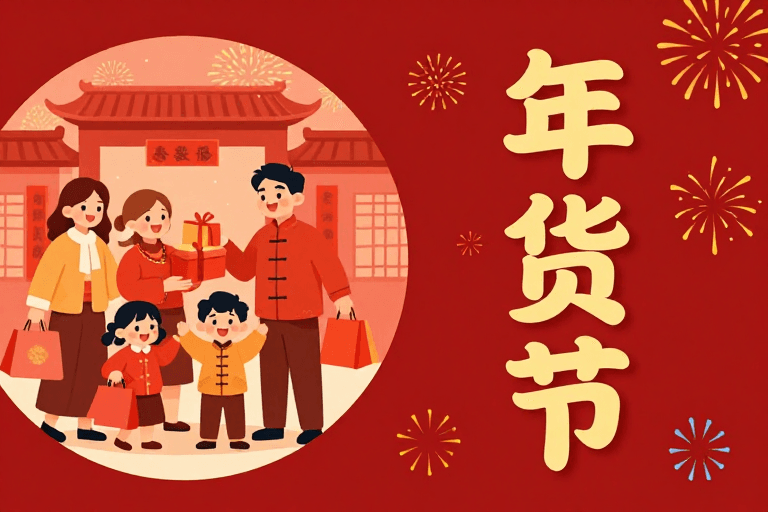 春节插画素材：喜庆年货节：全家欢购的温暖春节插画