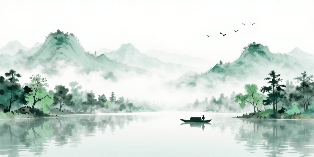 青绿山水素材：青绿山水水墨意境：远山近水小舟行