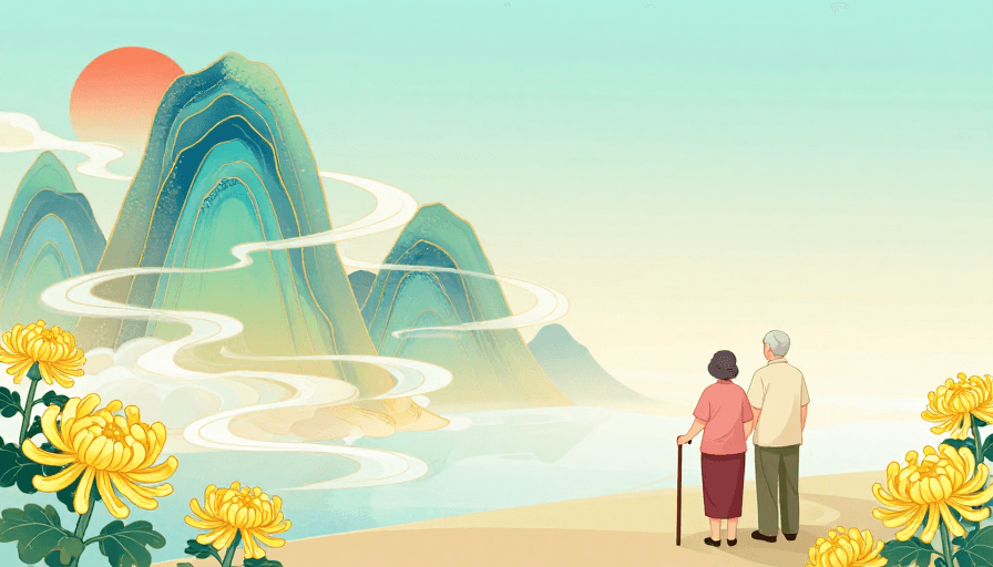 怀旧氛围素材：青绿山水·秋日黄昏的东方意境插画