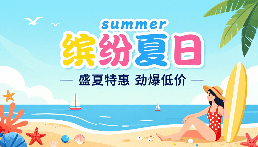 夏日促销素材：清新扁平夏日促销海报，活力满满