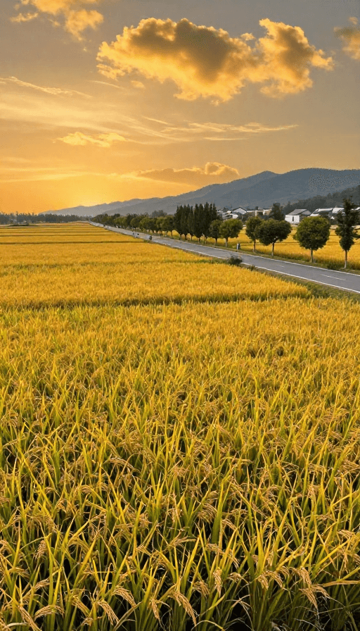 公路景观素材：秋日金黄稻田映夕阳壮丽画卷