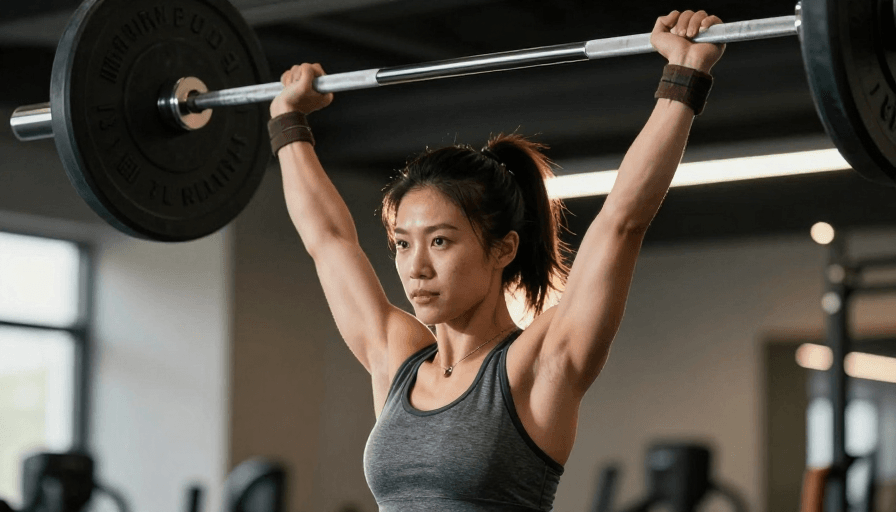 侧逆光素材：力量之美：亚洲女性举重选手健身房特写