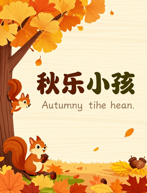 自然氛围素材：暖秋童趣插画：银杏松鼠的丰收季