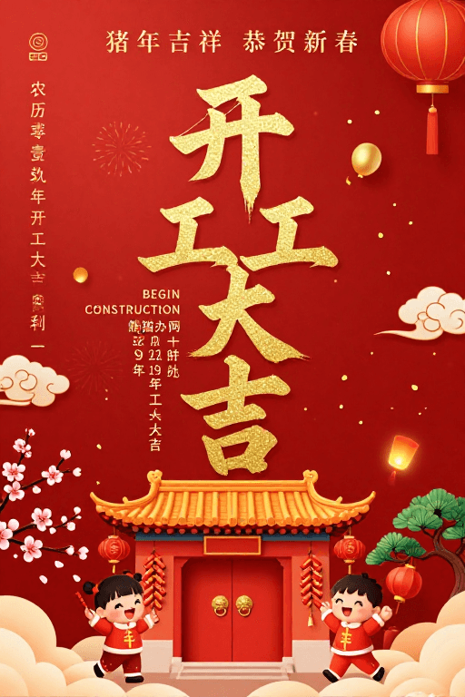开工祝福素材：红色中国风春节开工喜庆海报，传统吉祥图案