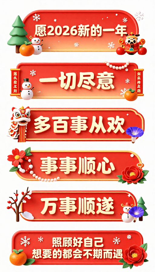 冬季元素素材：冬日红桔渐变：2026新年祝福语C4D渲染系列
