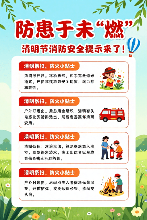 清明节素材：清新春日氛围下的清明节消防安全宣传海报