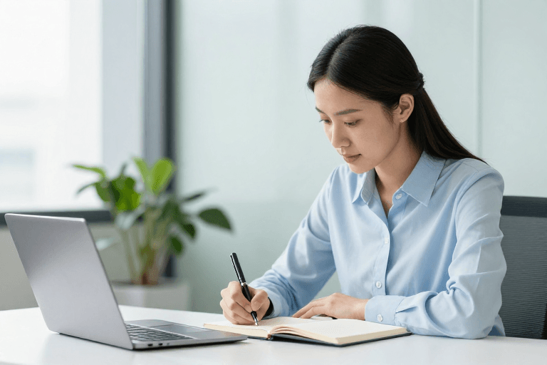 办公场景素材：专注职场女性：高效书写与办公瞬间