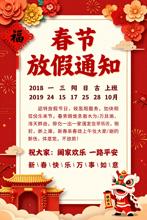 剪纸艺术素材：春节放假通知海报：传统艺术风格红色喜庆设计