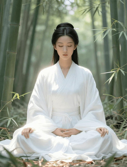 东方插画素材：仙气佛系东方女子：竹林发光的白衣静坐插画