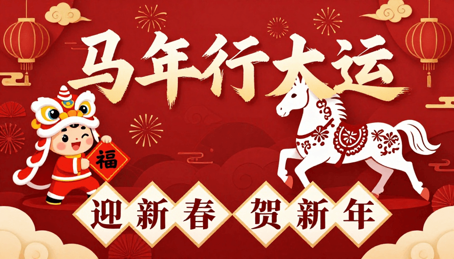 马年素材：红色剪纸风马年行大运海报：传统插画新年设计