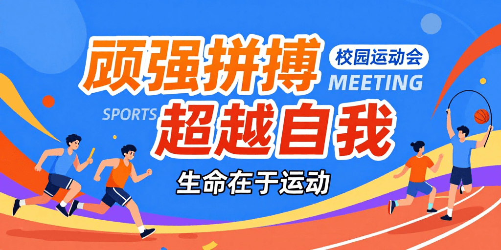 高饱和度色彩素材：高饱和撞色校园运动会扁平插画，展现顽强拼搏与超越自我精神