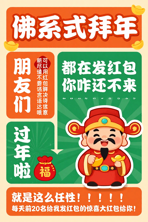 卡通财神素材：佛系趣味拜年海报：橙绿暖调传统与现代融合