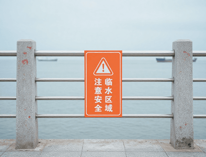 公共安全宣传素材：临水安全警示实拍：橙色护栏守护碧海风光