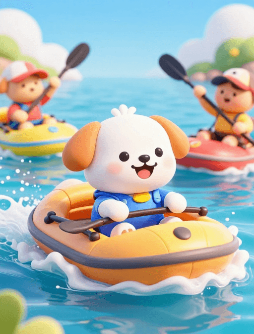 动态水花素材：Q版3D狗狗欢乐漂流瞬间