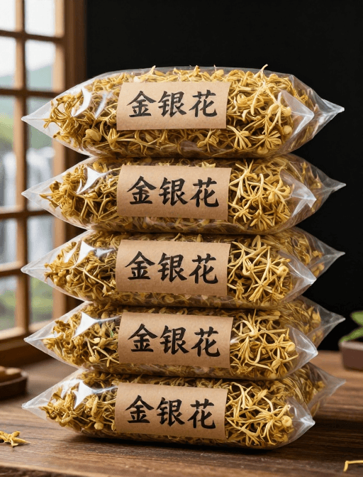 木质桌面素材：金银花产品展示：透明袋叠放于自然瀑布背景