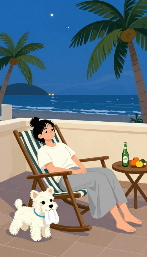 宠物互动素材：海南夏夜椰林海景下的慵懒梦境插画