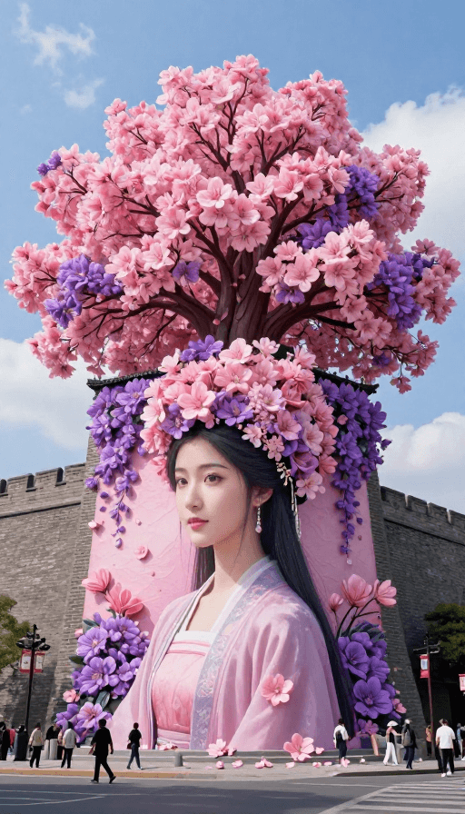 汉服元素素材：国风美女繁花掩发：古城墙实景摄影