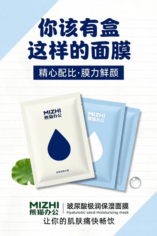 产品宣传素材：极简风护肤海报：熊猫办公面膜清新补水