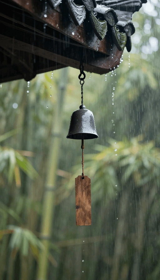 超清摄影素材：雨中檐下风铃轻响，远竹朦胧