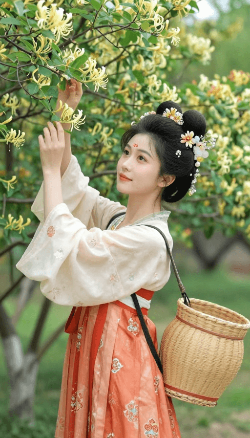 古风插画素材：盛唐公主：金秋花园采金花的优雅瞬间