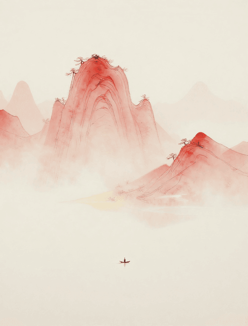 水墨抽象素材：极简禅意山水画：孤舟独钓的超现实梦境