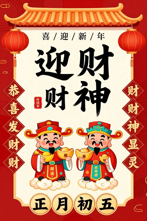 卡通财神素材：喜庆中国风迎财神新年海报