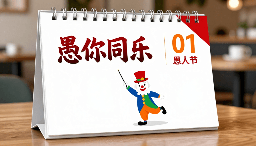 现代插画素材：愚人节台历海报：手写艺术字与卡通插画融合设计