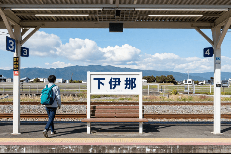 实景摄影素材：日本下伊那车站：蓝白光影下的宁静旅途
