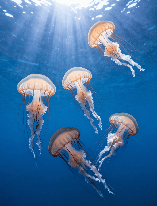 超高清素材：梦幻色彩：深海水母群仰视光影特写