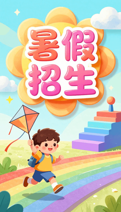 立体字体素材：活力暑假招生·彩虹奔跑卡通插画海报