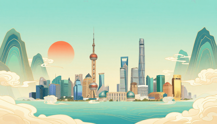 国风插画素材：青金交织新中式未来城市意象