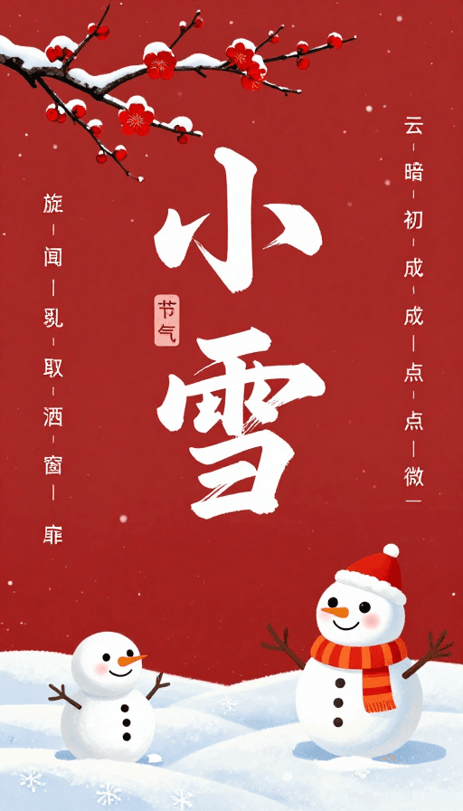 小雪节气素材：小雪节气·水墨与童趣的红色诗意海报