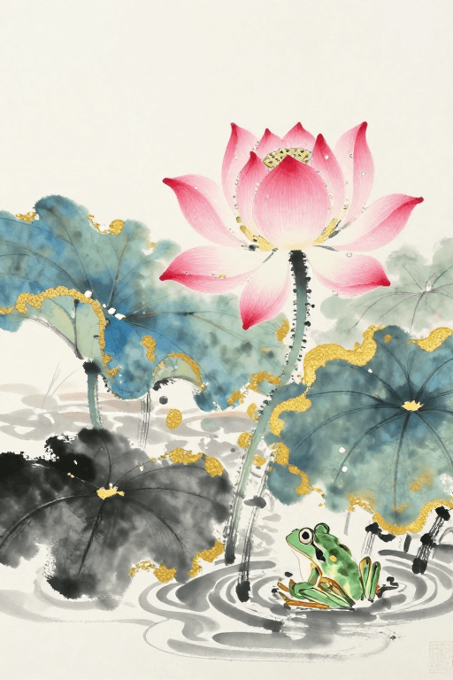 传统美学素材：芙蕖初绽：水墨荷韵中的高洁守望