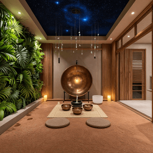 禅意空间素材：夯土原木侘寂风客厅：星空下的禅意茶席