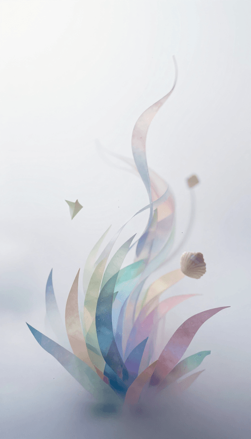 水彩风格素材：空灵幻境：水彩般的流动水草与贝壳的虚实之美