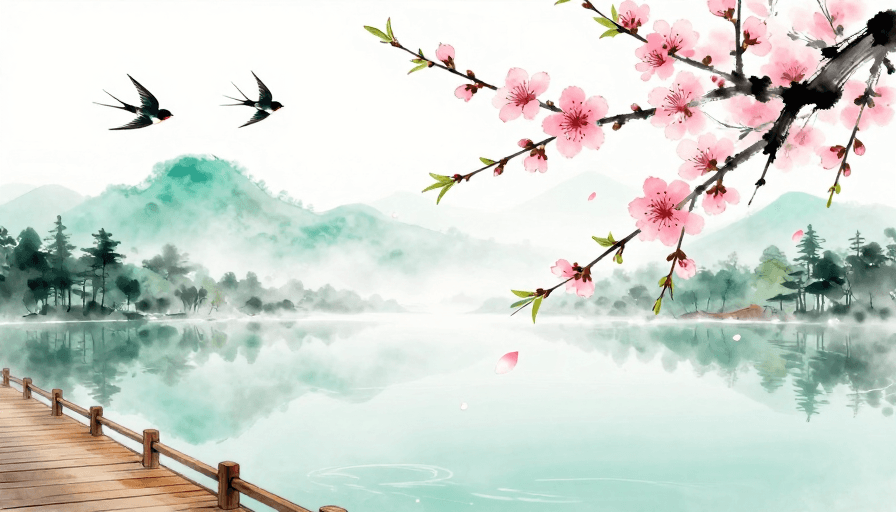 插画背景素材：水墨春景：桃花飞燕栖于青绿湖畔