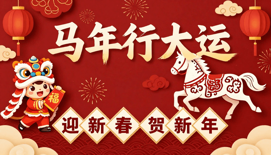 春节元素素材：马年喜庆中国风新年海报，融合剪纸与插画艺术