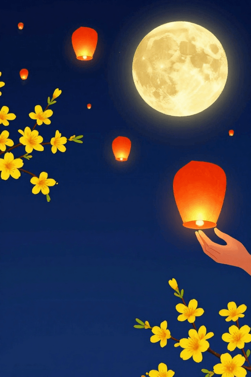 孔明灯素材：金月祈愿·深蓝夜空插画