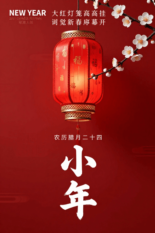 福满人间素材：中国风新年海报：红灯笼与梅花点缀的庄重喜庆设计