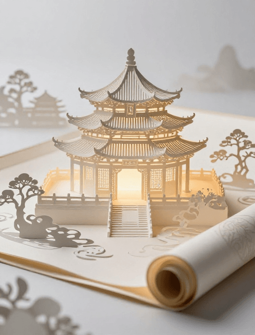 中国风素材：中国卷轴上的虚幻古建筑水墨幻境